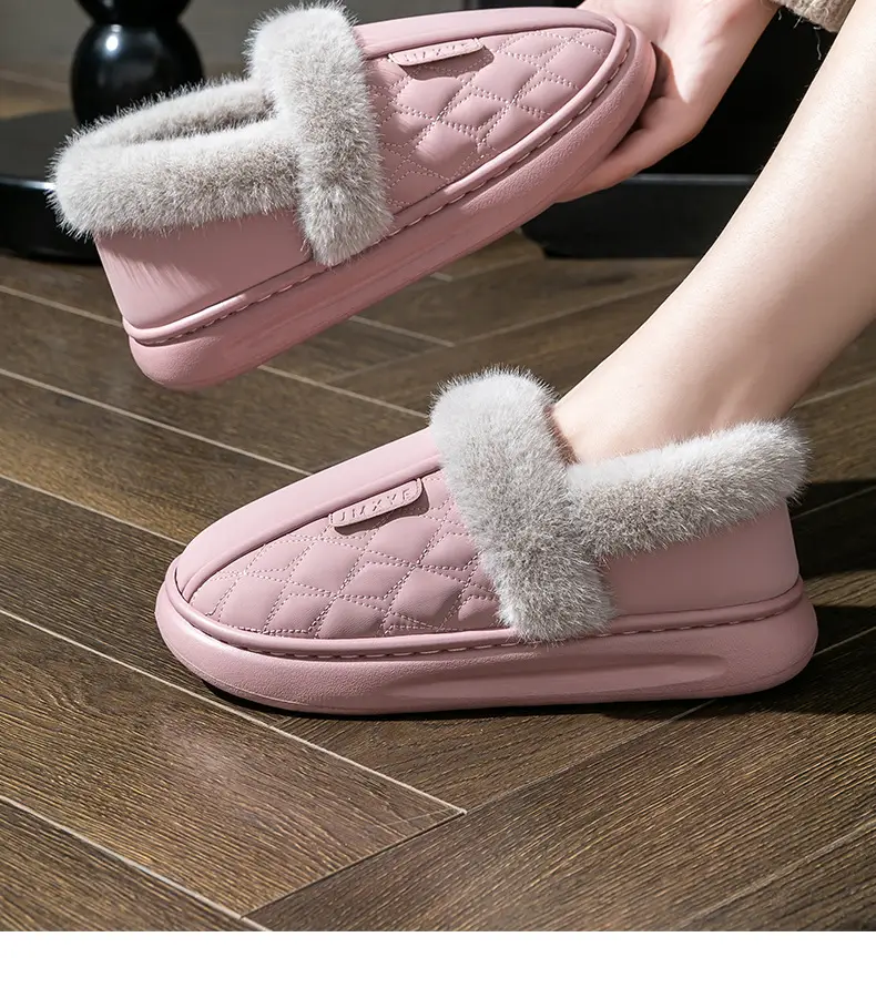 Thick-soled all-inclusive cotton slippers waterproof stain-resistant non-slip women's winter fleece-lined warm leather cotton shoes for home wear — feature 21