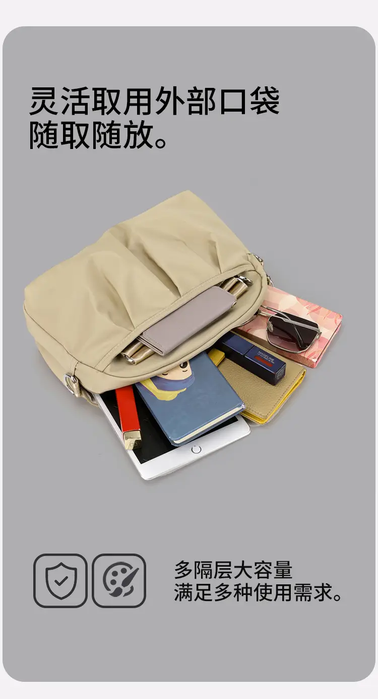 Women's Grey Nylon Shoulder Bag with Crossbody Strap — feature 13
