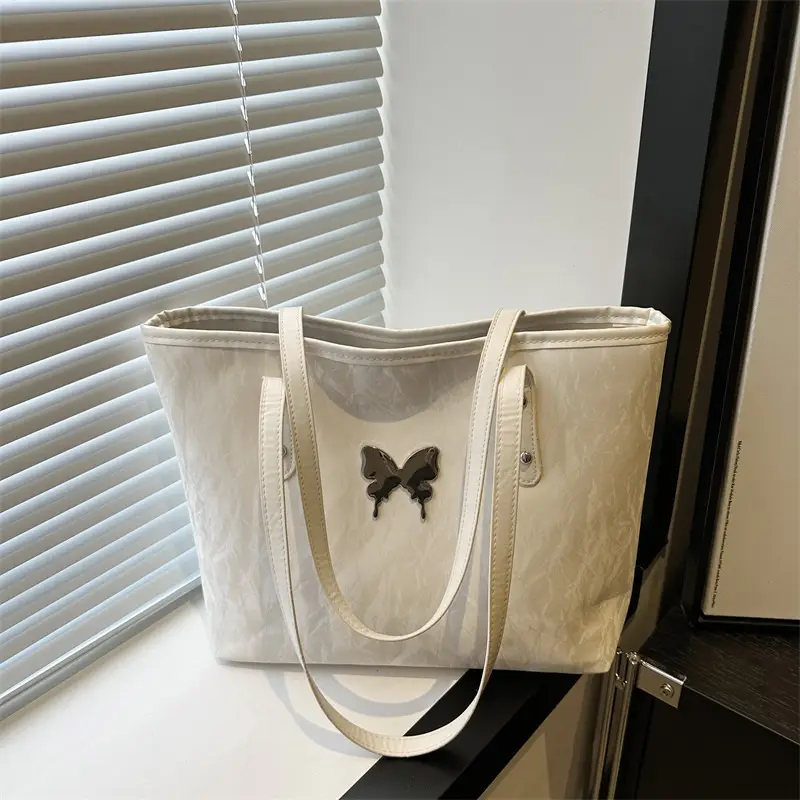Women's Butterfly Embroidered Tote Bag Large Capacity Beige - Image 6
