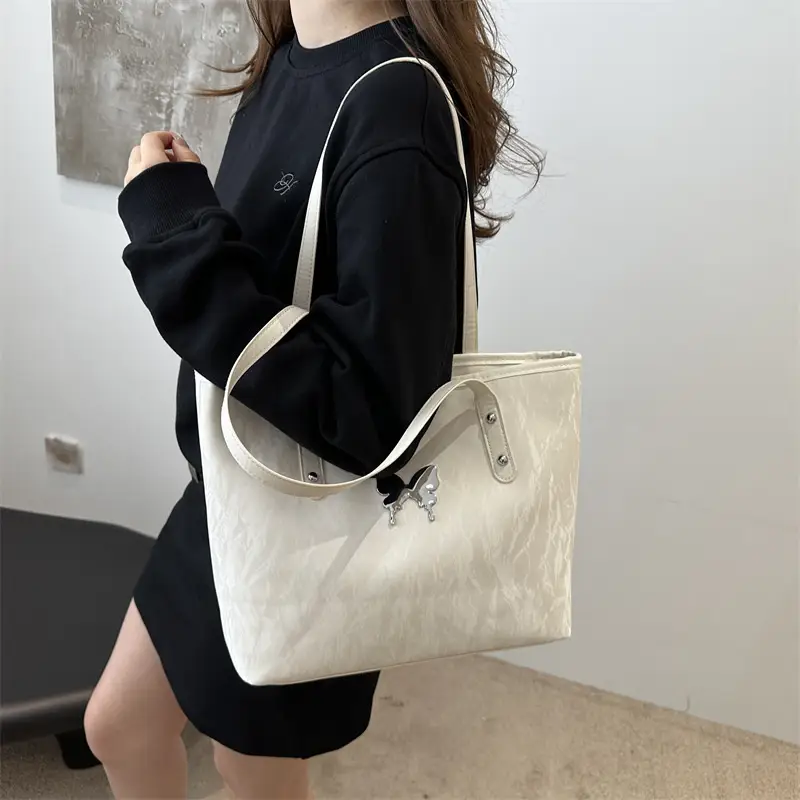 Women's Butterfly Embroidered Tote Bag Large Capacity Beige - Image 8