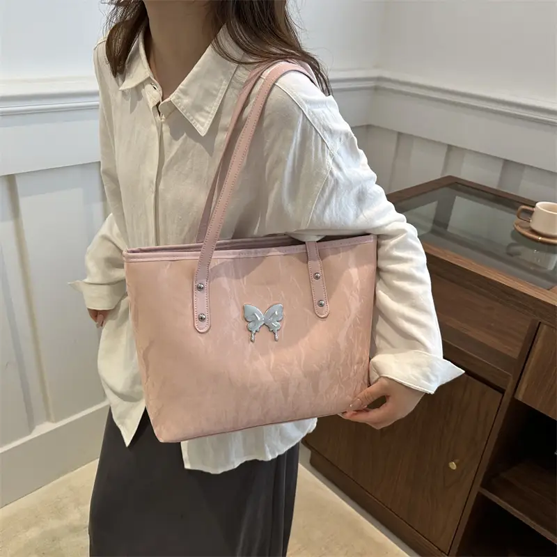 Women's Butterfly Embroidered Tote Bag Large Capacity Beige - Image 9