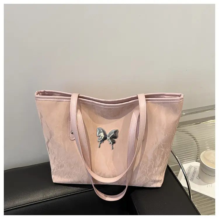 Women's Butterfly Embroidered Tote Bag Large Capacity Beige - Image 5
