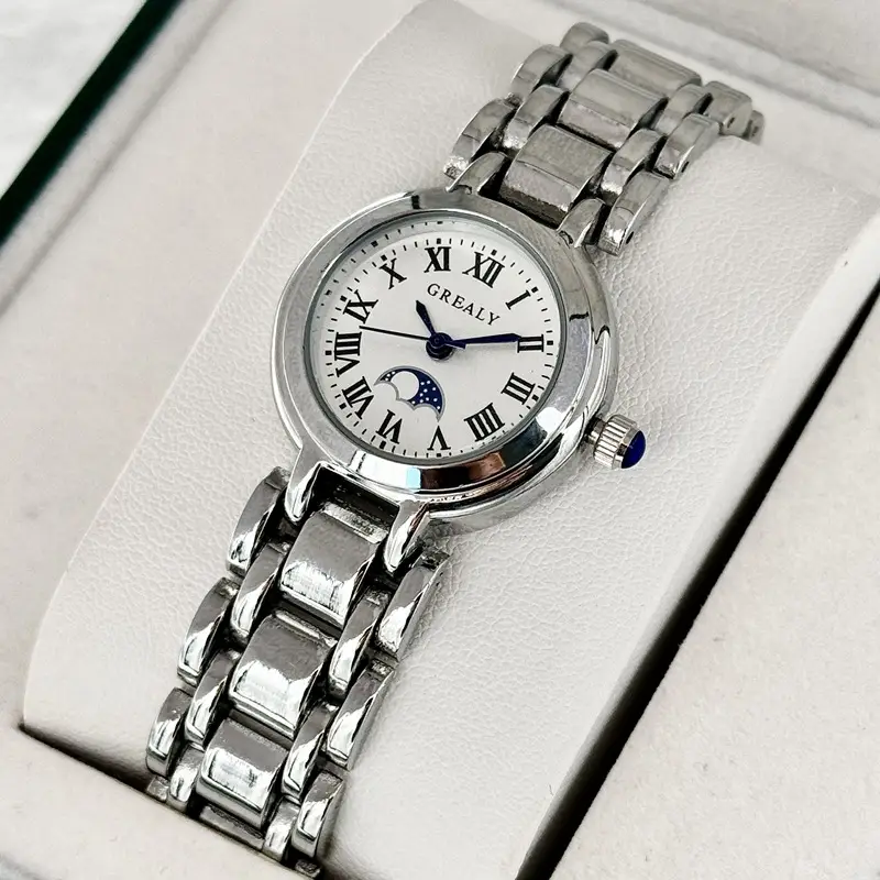 Women's Waterproof Moon Phase Quartz Watch Roman Dial Silver Strap - Image 2