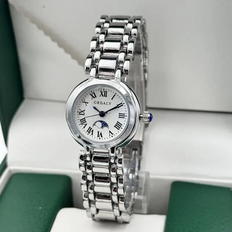 Women's Waterproof Moon Phase Quartz Watch Roman Dial Silver Strap - Image 5