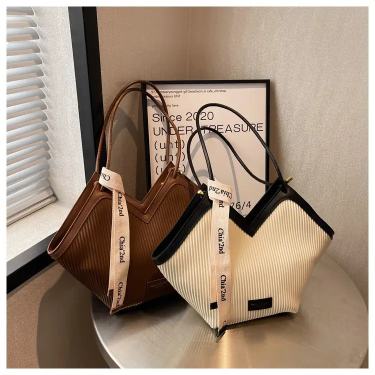 2024 New French Style Women's Brown Vertical Pattern Tote Bag — feature 25