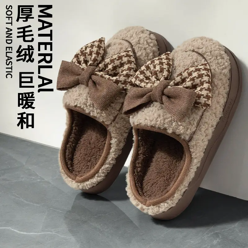 Cotton Slippers for Women Winter Indoor Home 2026 New Style Bowknot Plush Warm Couple's Furry Slippers for Women Winter - Image 2