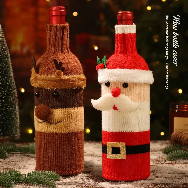 Red Knitted Christmas Wine Bottle Cover with Santa Design - Image 8