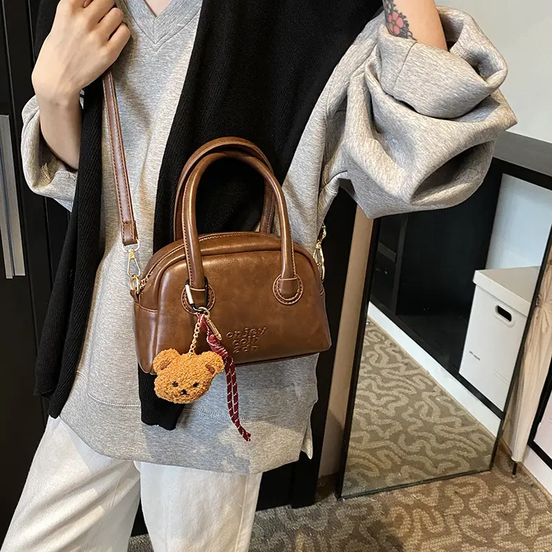Women's Brown Leather Shoulder Bag with Teddy Bear Charm