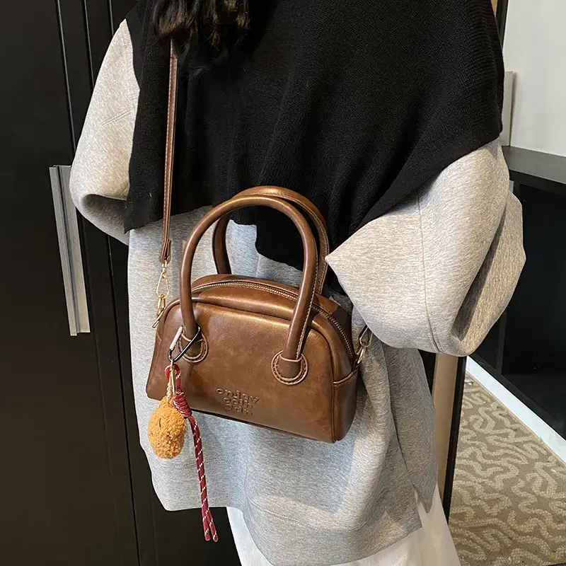 Women's Brown Leather Shoulder Bag with Teddy Bear Charm