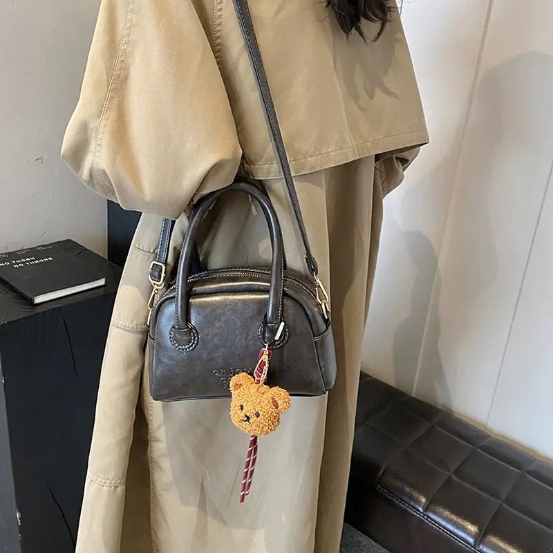 Women's Brown Leather Shoulder Bag with Teddy Bear Charm