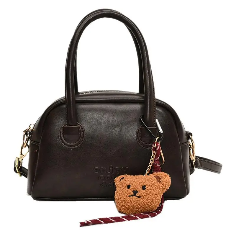 Women's Brown Leather Shoulder Bag with Teddy Bear Charm