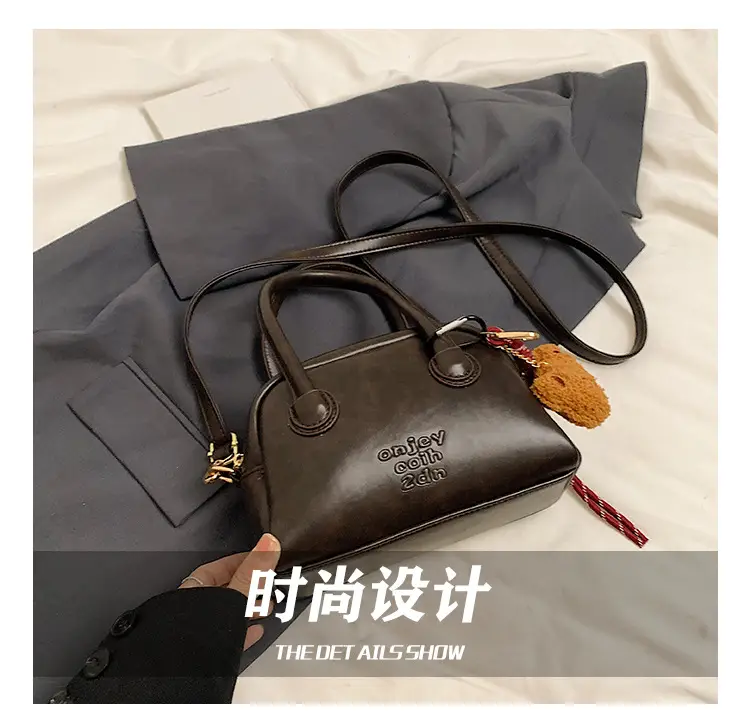 Women's Brown Leather Shoulder Bag with Teddy Bear Charm — feature 12