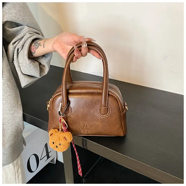 Women's Brown Leather Shoulder Bag with Teddy Bear Charm — feature 15