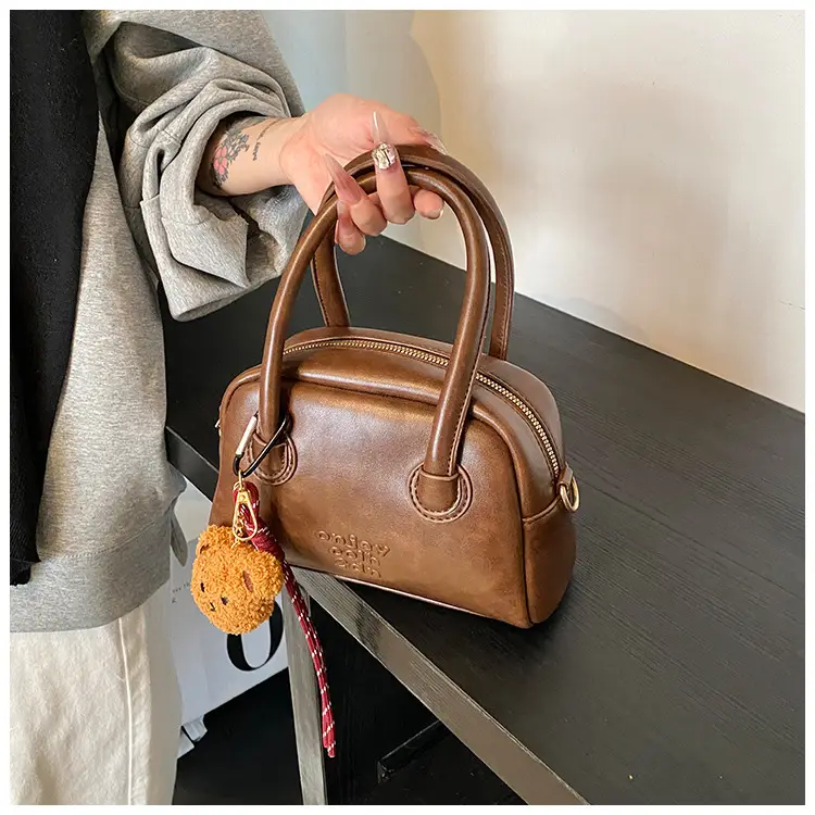 Women's Brown Leather Shoulder Bag with Teddy Bear Charm — feature 16