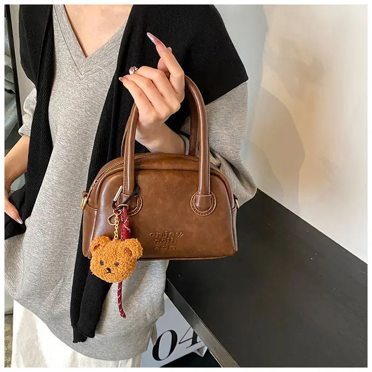 Women's Brown Leather Shoulder Bag with Teddy Bear Charm — feature 17