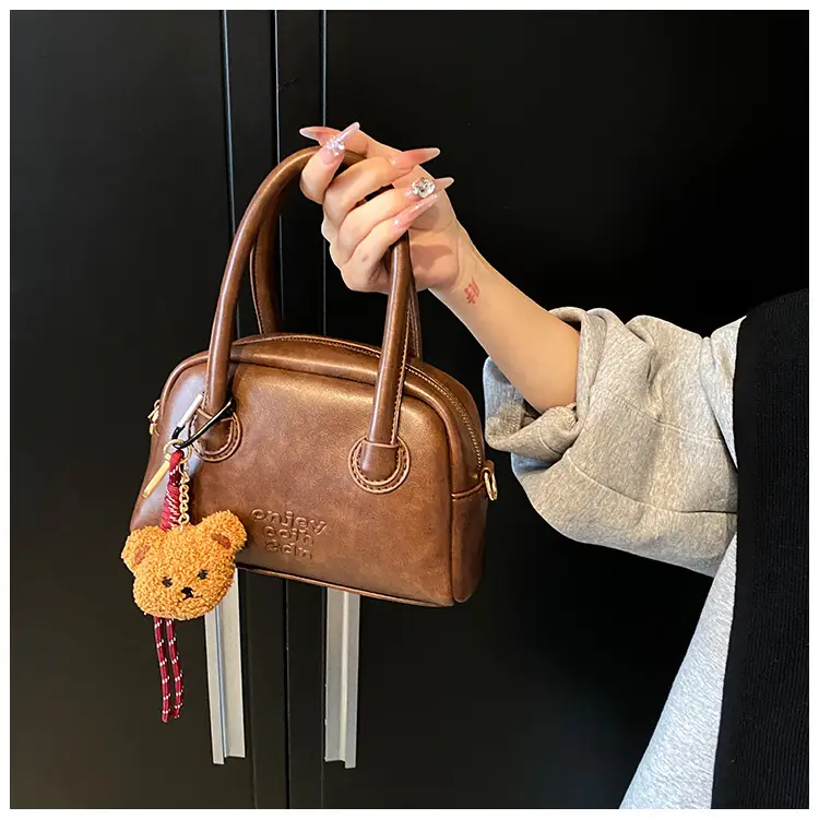 Women's Brown Leather Shoulder Bag with Teddy Bear Charm — feature 18