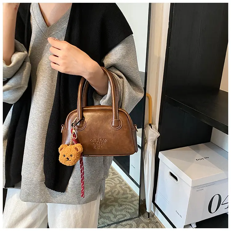 Women's Brown Leather Shoulder Bag with Teddy Bear Charm — feature 19