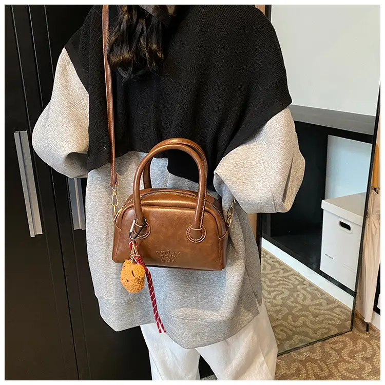 Women's Brown Leather Shoulder Bag with Teddy Bear Charm — feature 20
