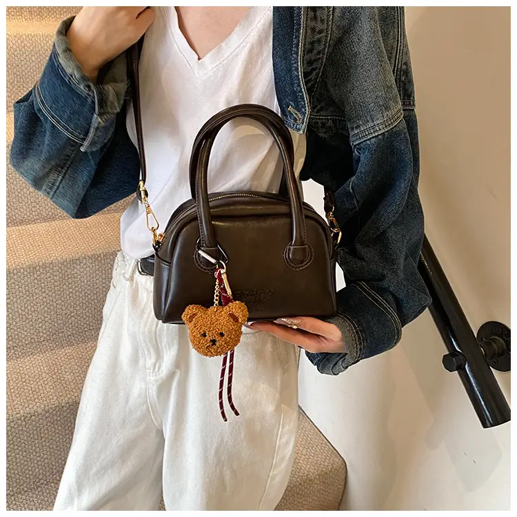 Women's Brown Leather Shoulder Bag with Teddy Bear Charm — feature 21