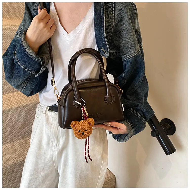 Women's Brown Leather Shoulder Bag with Teddy Bear Charm — feature 22