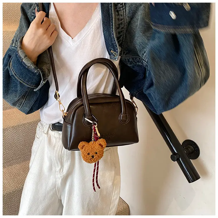Women's Brown Leather Shoulder Bag with Teddy Bear Charm — feature 23