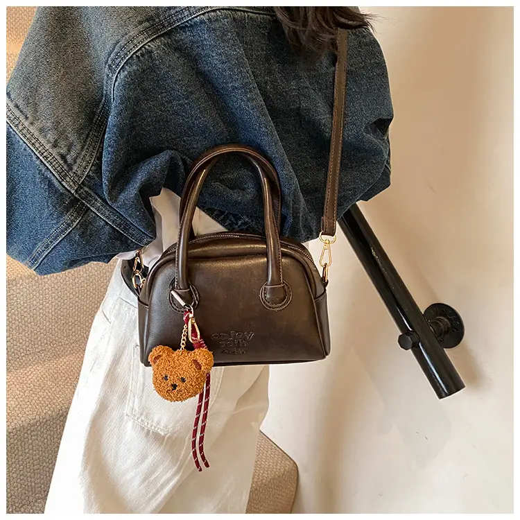 Women's Brown Leather Shoulder Bag with Teddy Bear Charm — feature 24