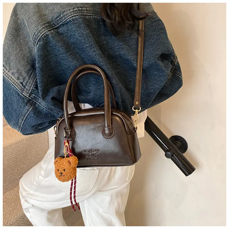 Women's Brown Leather Shoulder Bag with Teddy Bear Charm — feature 25