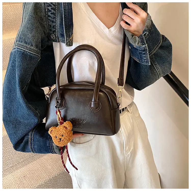 Women's Brown Leather Shoulder Bag with Teddy Bear Charm — feature 26