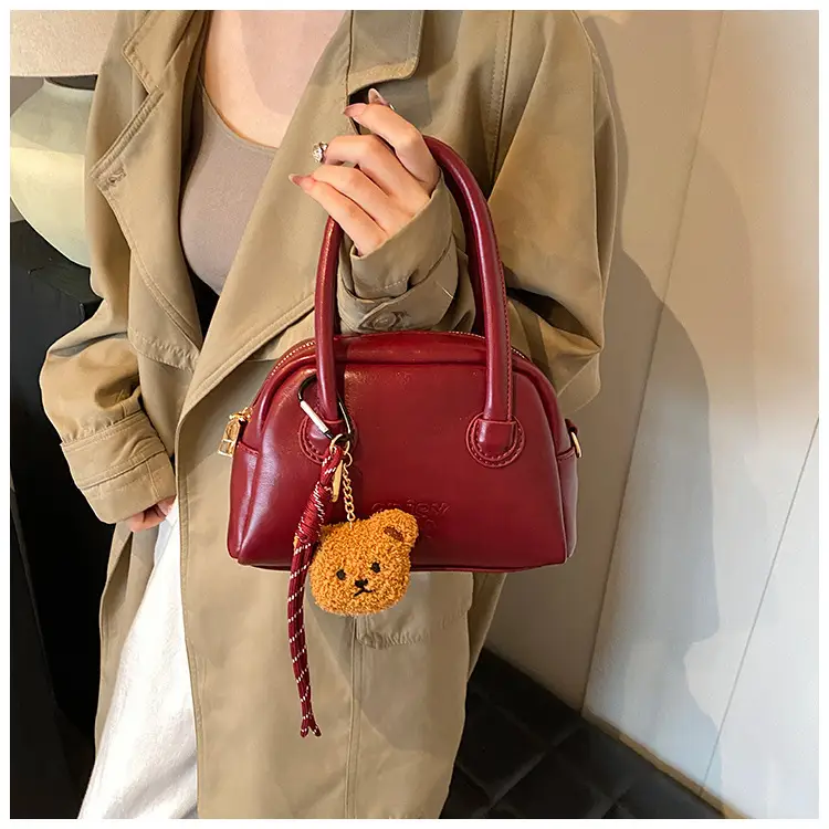 Women's Brown Leather Shoulder Bag with Teddy Bear Charm — feature 27