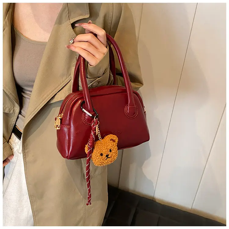 Women's Brown Leather Shoulder Bag with Teddy Bear Charm — feature 28