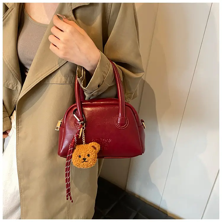 Women's Brown Leather Shoulder Bag with Teddy Bear Charm — feature 29