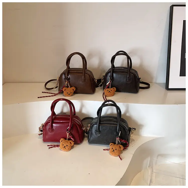 Women's Brown Leather Shoulder Bag with Teddy Bear Charm — feature 3