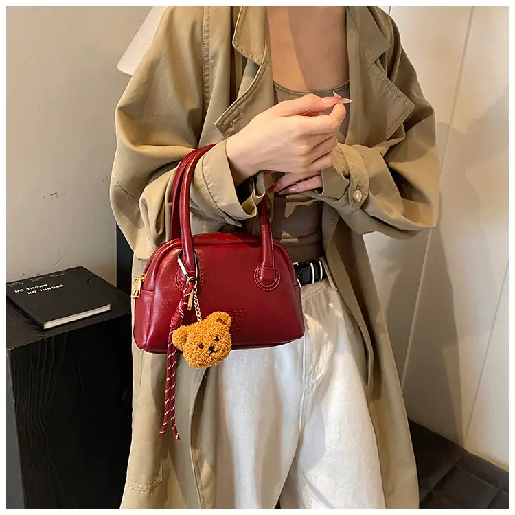 Women's Brown Leather Shoulder Bag with Teddy Bear Charm — feature 30
