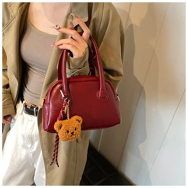 Women's Brown Leather Shoulder Bag with Teddy Bear Charm — feature 31