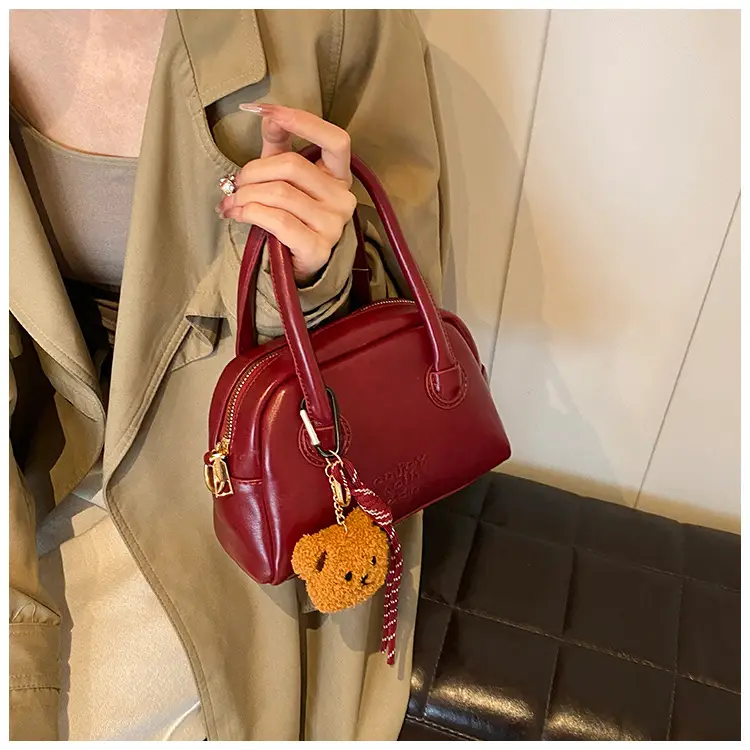 Women's Brown Leather Shoulder Bag with Teddy Bear Charm — feature 32