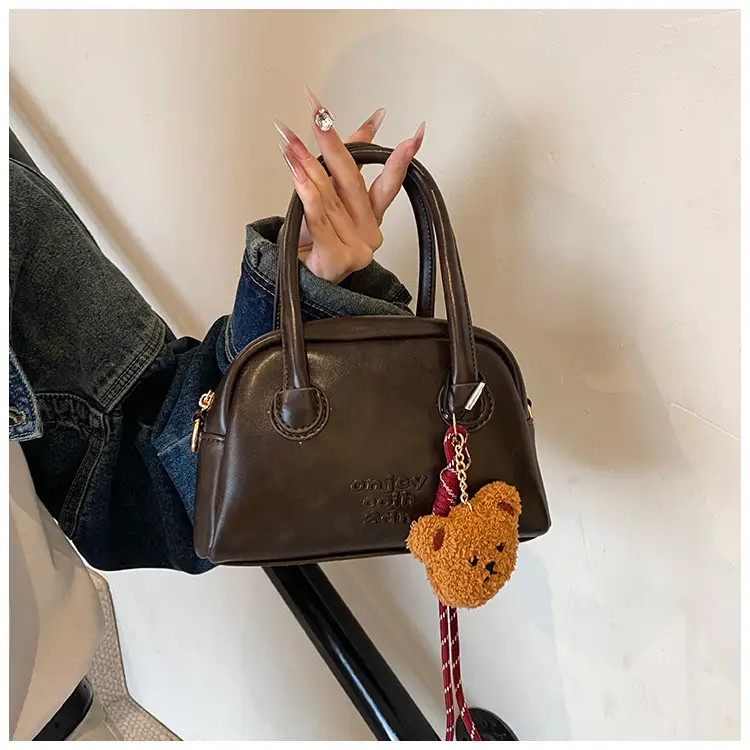 Women's Brown Leather Shoulder Bag with Teddy Bear Charm — feature 33
