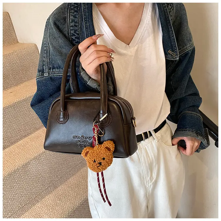 Women's Brown Leather Shoulder Bag with Teddy Bear Charm — feature 34