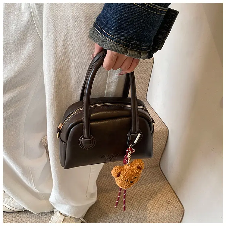 Women's Brown Leather Shoulder Bag with Teddy Bear Charm — feature 35
