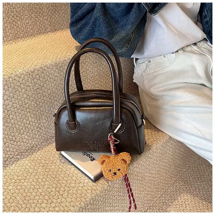Women's Brown Leather Shoulder Bag with Teddy Bear Charm — feature 36