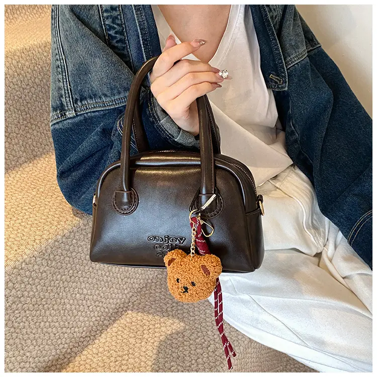 Women's Brown Leather Shoulder Bag with Teddy Bear Charm — feature 37
