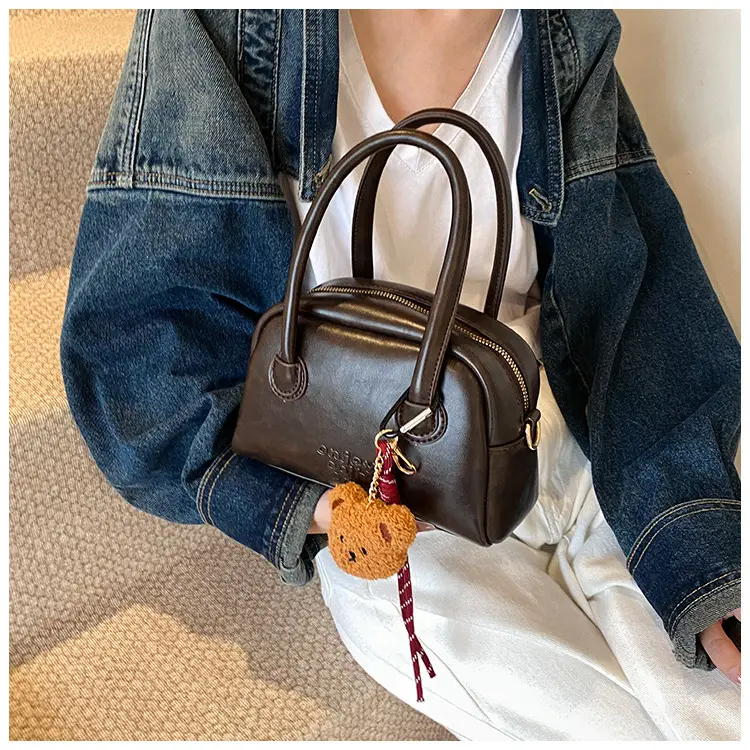 Women's Brown Leather Shoulder Bag with Teddy Bear Charm — feature 38