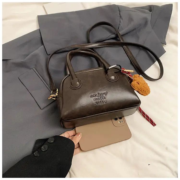 Women's Brown Leather Shoulder Bag with Teddy Bear Charm — feature 39