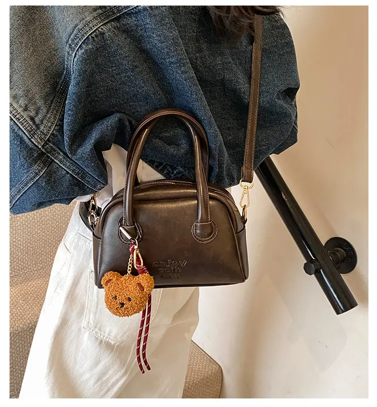 Women's Brown Leather Shoulder Bag with Teddy Bear Charm — feature 4