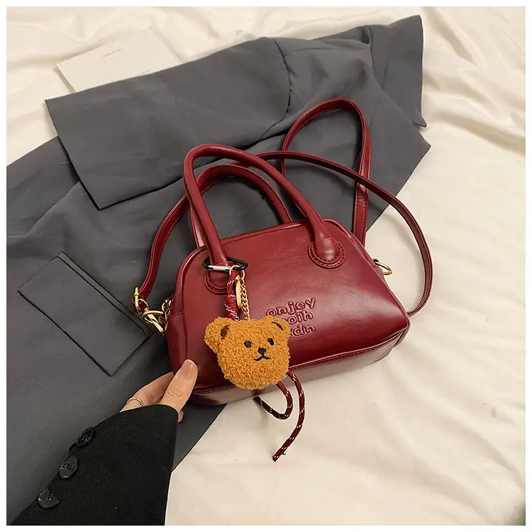 Women's Brown Leather Shoulder Bag with Teddy Bear Charm — feature 42