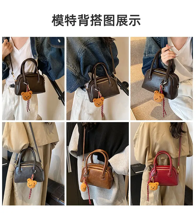 Women's Brown Leather Shoulder Bag with Teddy Bear Charm — feature 5