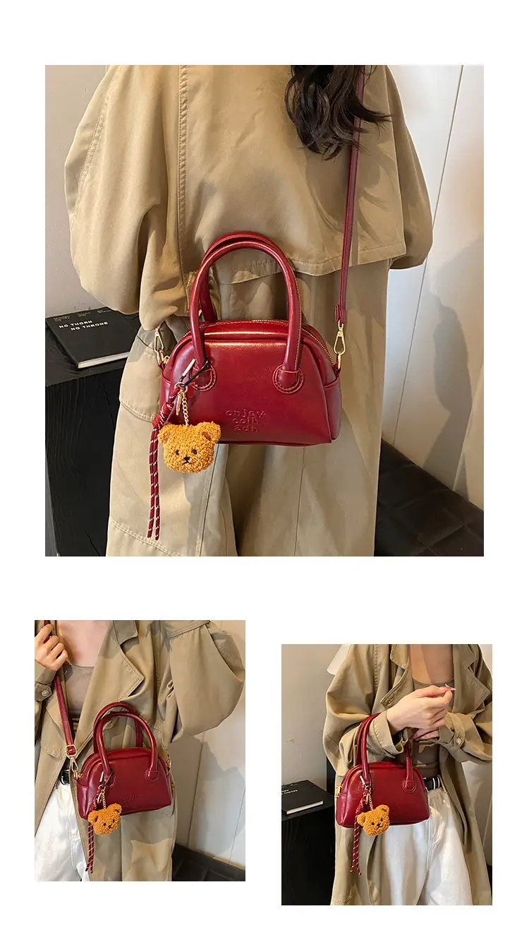 Women's Brown Leather Shoulder Bag with Teddy Bear Charm — feature 6