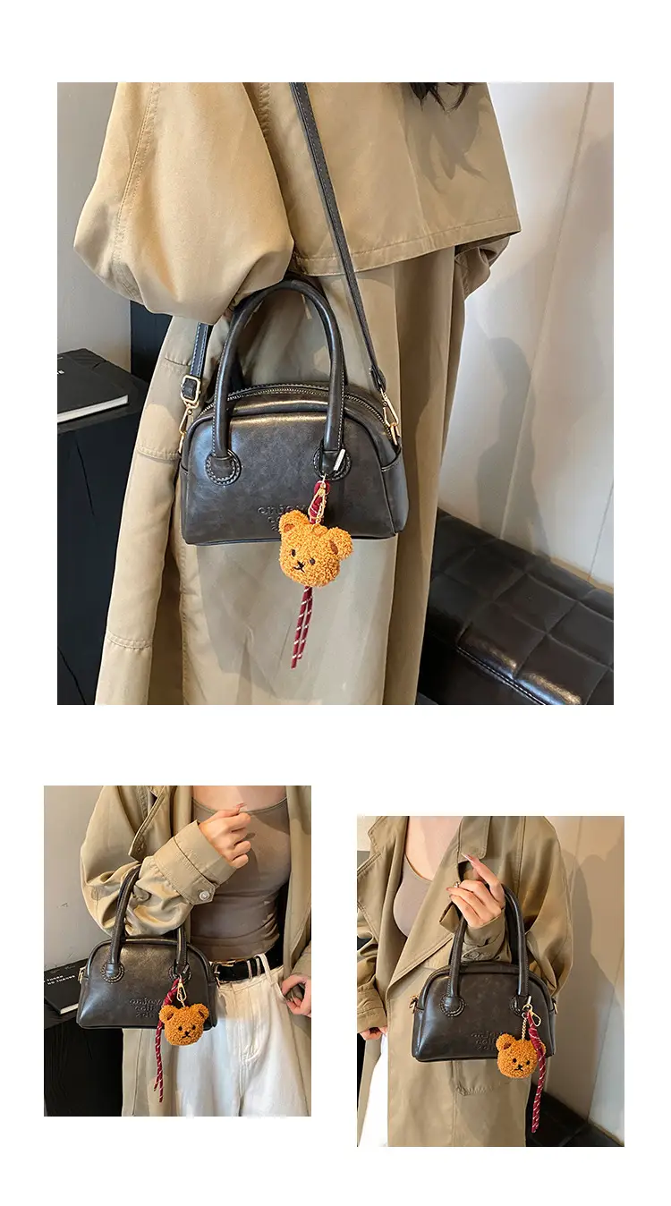 Women's Brown Leather Shoulder Bag with Teddy Bear Charm — feature 7