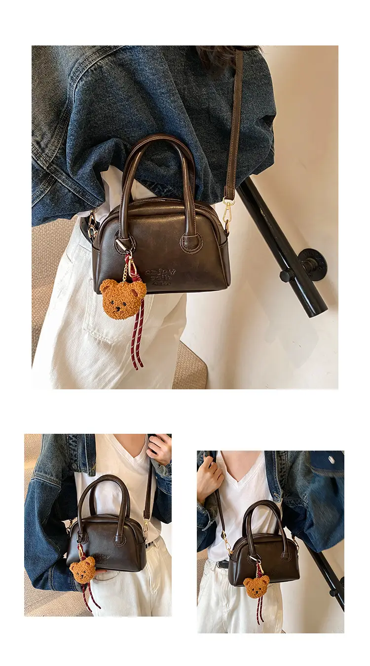 Women's Brown Leather Shoulder Bag with Teddy Bear Charm — feature 8
