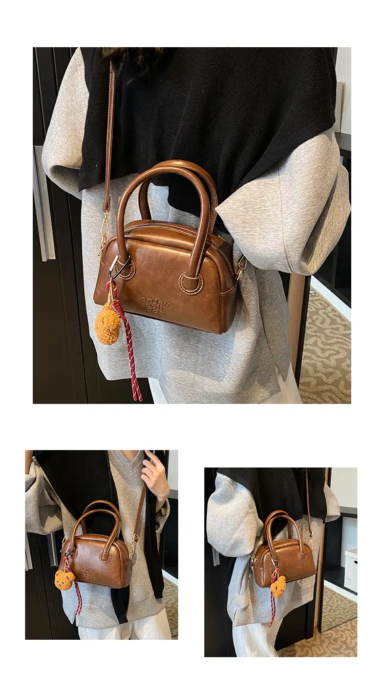 Women's Brown Leather Shoulder Bag with Teddy Bear Charm — feature 9
