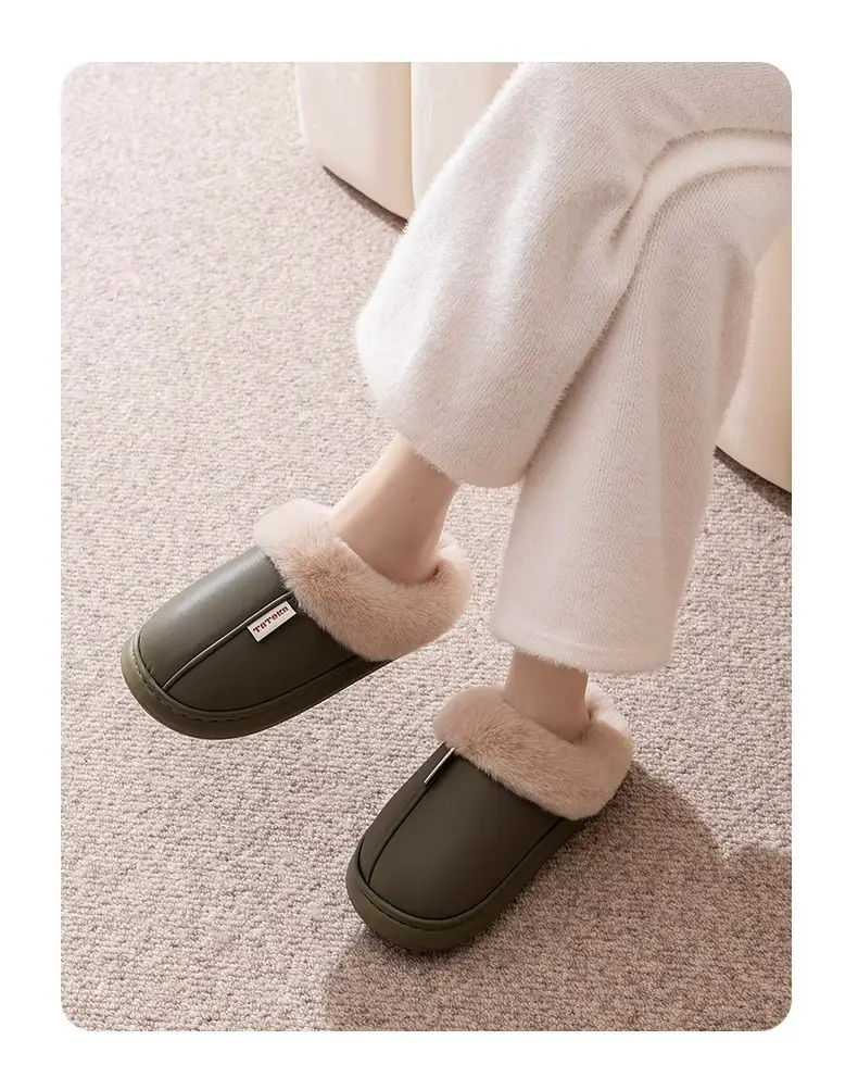 Pu waterproof cotton slippers women's home cotton shoes indoor non-slip warm can be worn outside wear-resistant thick bottom moon shoes men's wholesale — feature 13